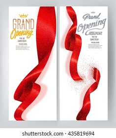 Red elegant Grand opening banners with curled sparkling ribbons. Vector illustration