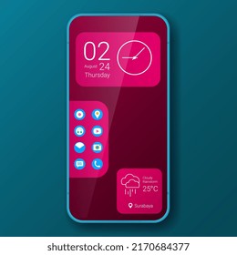 red elegant home screen realistic smartphone user interface, vector design illustration