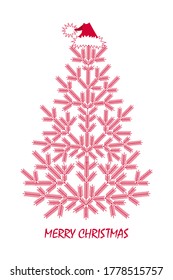 Red elegant linear Christmas tree with Santa Claus hat on a white  background with the text Merry Christmas. Ornate spruce. Christmas fir needle pattern in the card, greeting, web, party design.Vector