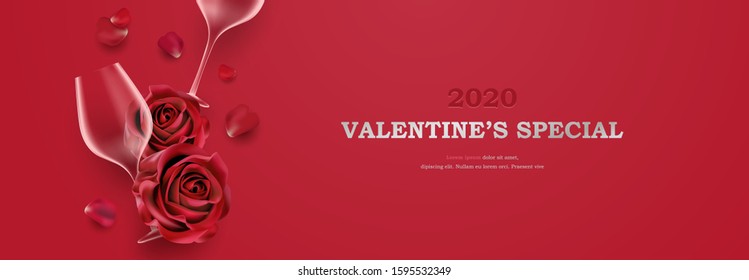 Red elegant premium valentine's day banner with realistic rose flower and wine glass background vector illustration