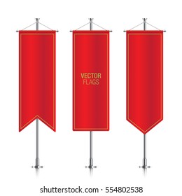 Red Elegant Vertical Flag Mockups, Isolated On A White Background. Set Of Vector Banner Flag Templates Hanging On A Silver Metallic Poles.