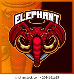 Red Elephant King Head mascot esport logo design illustrations vector template, Elephant crown logo for team game streamer banner, full-color cartoon style