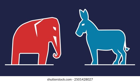 A red elephant on the left and a blue donkey on the right, outlined in white, against dark blue background. Both symbols represent the Republican and Democratic parties in the United States of America