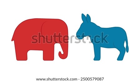 A red elephant representing the Republican Party and a blue donkey representing the Democratic Party face each other, symbolizing political rivalry between the two major parties in the United States