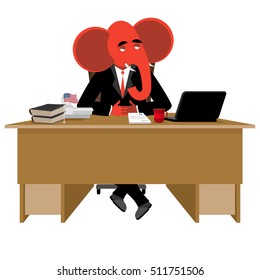 Red Elephant Republican sitting in office. Animal boss at table. Symbol of United States political parties. Illustration for presidential elections in America. Animal businessman diplomat