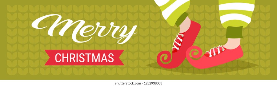 red elf legs shoes icon merry christmas happy new year holiday concept greeting card flat horizontal banner vector illustration