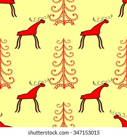 Red elk or deer in the spruce forest. Christmas background animals and wildlife
