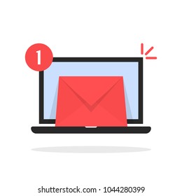 red email message icon with laptop. cartoon style trend modern news logo graphic art design isolated on white background. concept of 1 letter in full postal box like info processing and verification