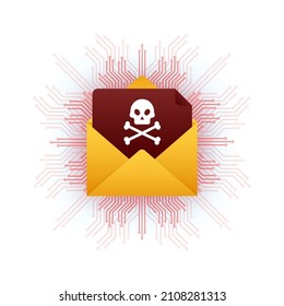 Red email virus. Computer screen. virus, piracy, hacking and security, protection. Vector stock illustration.
