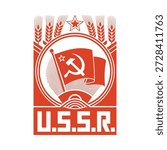 a red emblem featuring wheat a star hammer sickle and the u s s r text