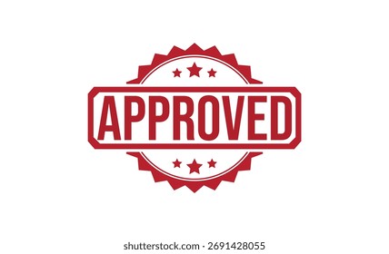 Rotes Emblem mit dem Wort GENEHMIGT mit Sternen und gezackten Kanten. Das Design vermittelt auf weißem Hintergrund Verifikation, Befürwortung und Qualität.