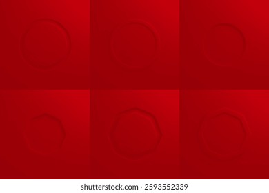 Red embossed geometric frames set with circular and polygonal shapes, dimensional relief patterns on crimson surface. Modern 3d backgrounds with subtle depth effect for graphic design projects.