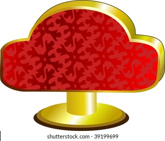 A red embossed table top sign with gold edges, on a gold stand.