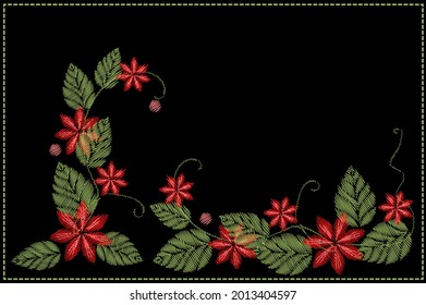 Red embroidered flowers in a frame on a black background. Vector illustration for the design of cards, covers, textiles