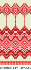 red embroidered good like old handmade cross-stitch ethnic Ukraine pattern. Ukrainian towel with ornament, rushnyk called, in vector