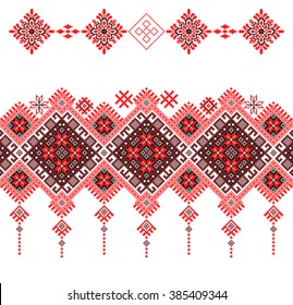 red embroidered good like old handmade cross-stitch ethnic Ukraine pattern. Ukrainian towel with ornament, rushnyk called, in vector