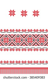 red embroidered good like old handmade cross-stitch ethnic Ukraine pattern. Ukrainian towel with ornament, rushnyk called, in vector