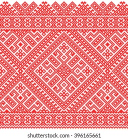 red embroidered good like old handmade cross-stitch ethnic Ukraine pattern. Ukrainian towel with ornament, rushnyk called, in vector