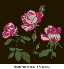 Red embroidery rose blossom flowers and buds vector set, bush elements for clothes embroidery collection.vector isolated on black. Flowers with stitch effect imitation, machine embroidery texture.