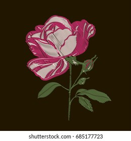 Red embroidery rose blossom flowers and buds vector set, bush elements for clothes embroidery collection.vector isolated on black. Flowers with stitch effect imitation, machine embroidery texture.