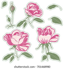 Red embroidery rose blossom flowers and buds, vector Set of stickers, pins, patches roses with stitch effect imitation, bush elements for clothes embroidery collection. machine embroidery texture.