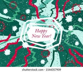 Red and emerald Happy New Year greeting card in modern angular style. 