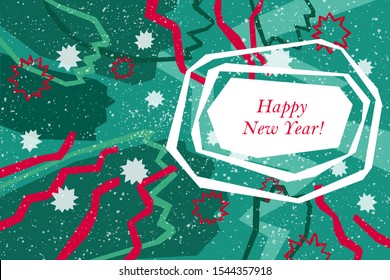 Red and emerald Happy New Year greeting card in modern angular style. 