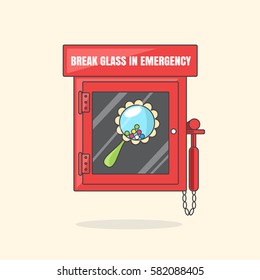 Red Emergency Box With In Case Of Emergency Breakable Glass. Box