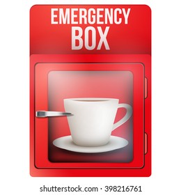 Red emergency box with cup of coffee. Vector Illustration isolated on white background.