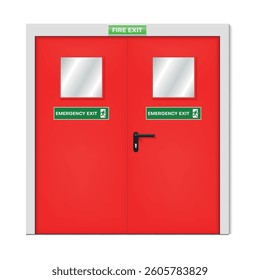 Red emergency door fire exit with handle and glass realistic vector illustration. Alarm evacuation gate double doorway hazard escape safety way security protection interior element information label