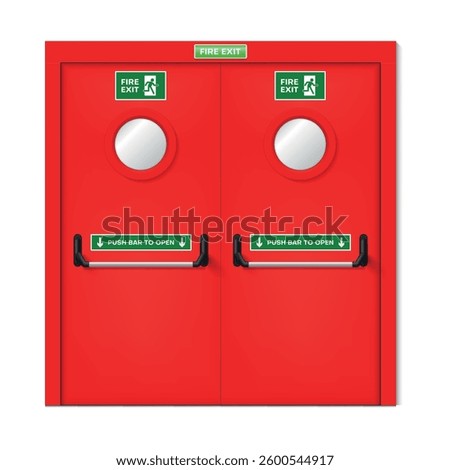 Red emergency door fire exit for accident evacuate entry escape realistic vector illustration. Warning urgency protection rescue safety security danger alarm doorway push bar building interior