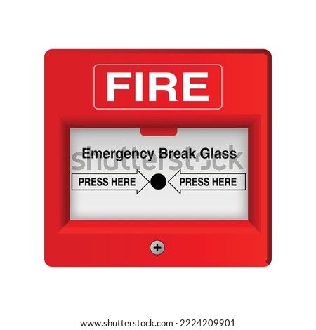 Red emergency exit unlocking box, Break Glass Operated. Fire. Red Fire Alarm Call Point isolated on a white background. Vector.
