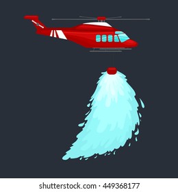 red emergency propeller helicopter in the air with water for extinguish danger fire. Rescue aircraft flight transportation isolated vector illustration