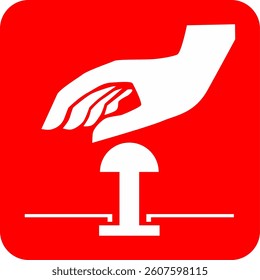Red emergency sign, hand pressing a button,   emergency stop or alarm activation system