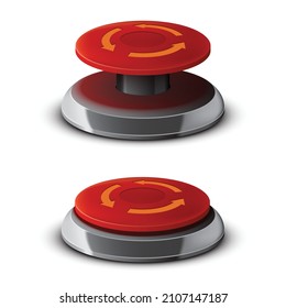 Red emergency stop button in on and off position, tridimensional button with metal elements on plain background