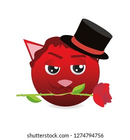 Red emoticons cat. Emoji vector isolated on white background. Icon web -romantic cat with rose. 