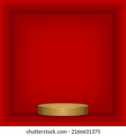 Red Empty Box With Golden Podium Pedestal Background Vector Illustration For Product Display Template