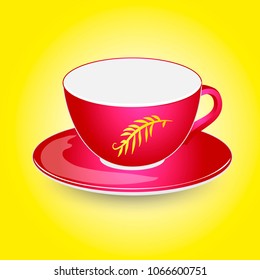Red empty cup mockup on plate vector design. Isolated on yellow background
