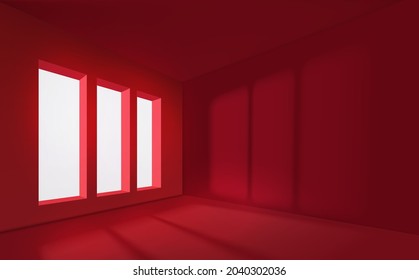 Red empty interior with window. Realistic spacious 3d room with large windows. Empty room. Window light and shadow realistic red decorative background vector illustration