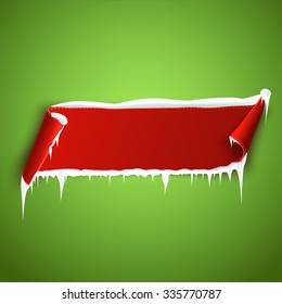 Red empty realistic curved paper banner with snow and icicles isolated on green background. Vector illustration