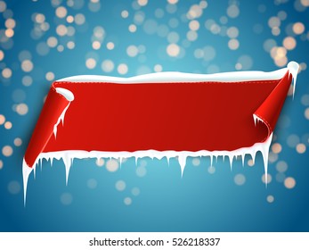 Red empty realistic curved paper banner with snow and icicles isolated on blue bokeh background. Vector illustration.