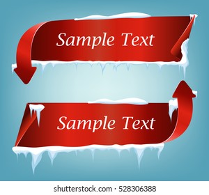 Red empty realistic curved paper arrows banner with snow and icicles isolated on blue bokeh background. Vector illustration.