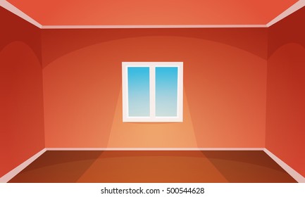 Red empty room with modern window, vector illustration.