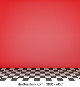 Red empty scene  with checkerboard floor