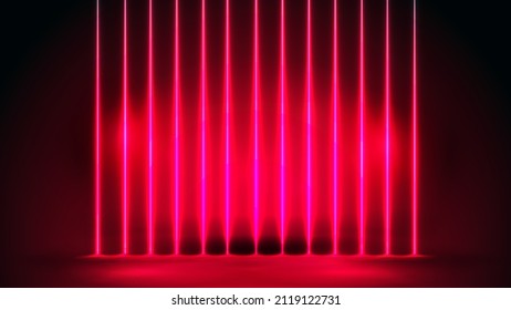 Red empty scene with wall of line vertical neon lamps on background.
