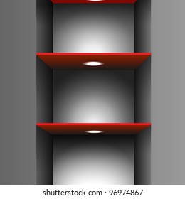 Red empty shelf with lighting.Vector eps10