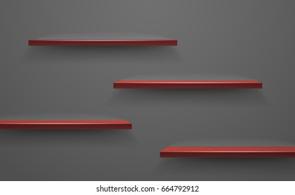 Red empty shelves on dark wall. Vector illustration