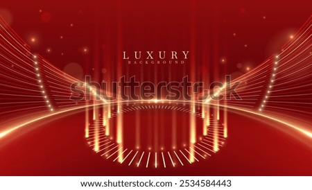 Red empty stage backdrop decorated with golden neon lights, spotlights and bokeh surrounds, elegant background design concept for web banner or award ceremony.
