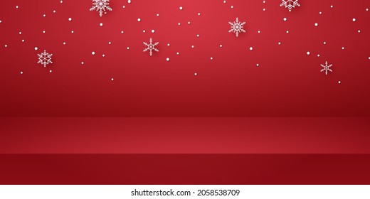 Red empty studio room with snow falling for product background and template mockup for Christmas day