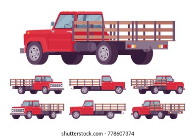 Red empty truck. Vehicle to transport large amounts of cargo, open car for carrying goods and materials. Vector flat style cartoon illustration isolated on white background, different positions